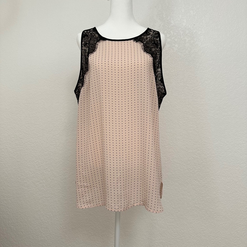 LOFT Sleeveless Tunic Tank Top Large Light‎ Pink Black Lace Trim Boho Fairycore